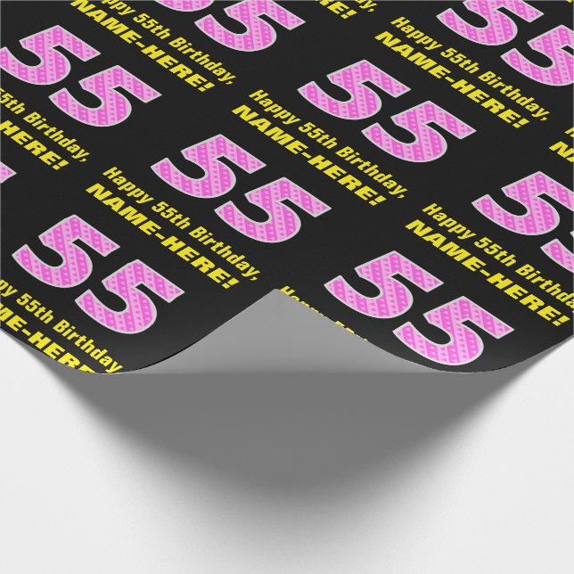 Papier Cadeau 55e anniversaire : Pink Stripes and Hearts "55" +  (Coin)