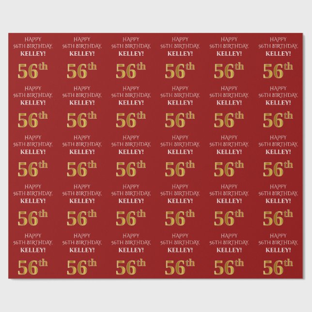 Papier Cadeau 56e anniversaire : Elégant, Rouge, Faux Gold Look (Plat)