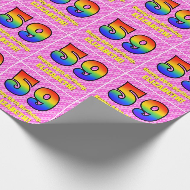 Papier Cadeau 59e anniversaire : Pink Stripes & Hearts, Arc en c (Coin)