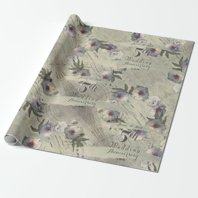 Papier Cadeau 5e anniversaire du Mariage Bois Floral (Déroulé)