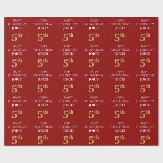 Papier Cadeau 5e anniversaire : Elégant, Rouge, Faux Gold Look (Plat)
