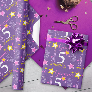 Papier Cadeau 5e anniversaire star nom personnalisé violet rose 