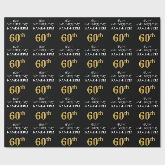 Papier Cadeau 60e anniversaire : Elégant, Noir, Faux Gold Look (Plat)