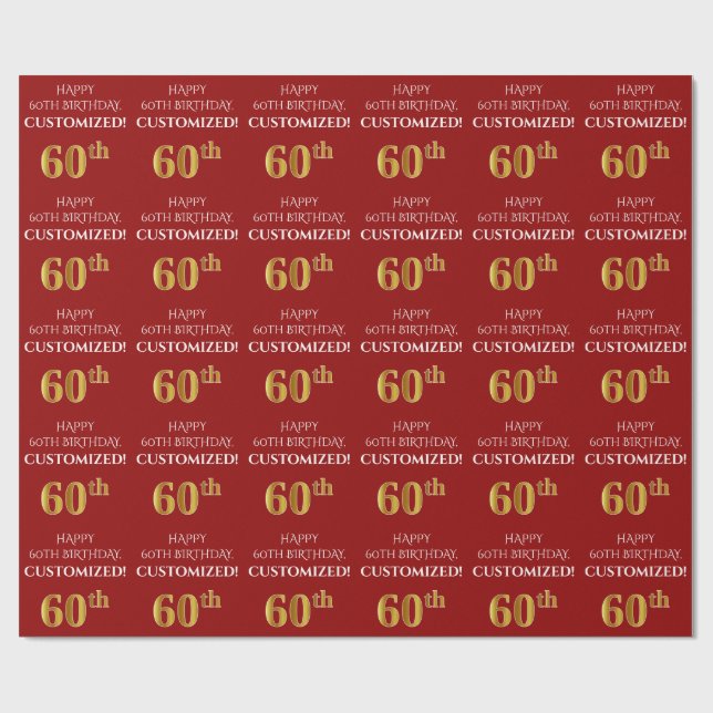 Papier Cadeau 60e anniversaire : Elégant, Rouge, Faux Gold Look (Plat)