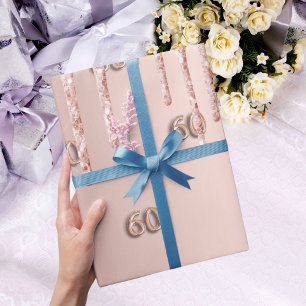 Papier Cadeau 60e anniversaire rose gouttes de parties scintilla