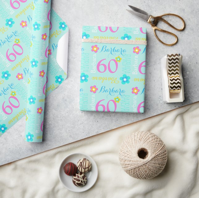 Papier Cadeau 60e emballage d'anniversaire fleuri de nom personn (Artisanat)