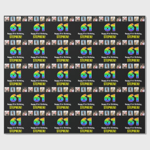 Papier Cadeau 61e anniversaire : Arc-en-ciel "61"; photos et nom