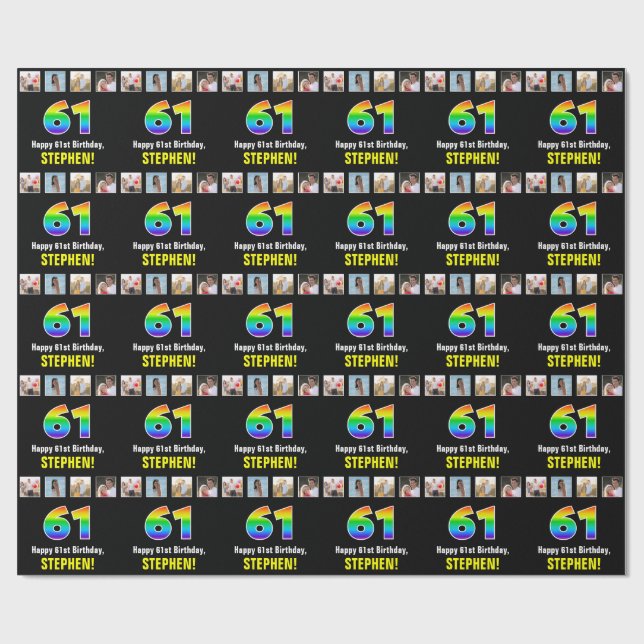 Papier Cadeau 61e anniversaire : Arc-en-ciel "61"; photos et nom (Plat)