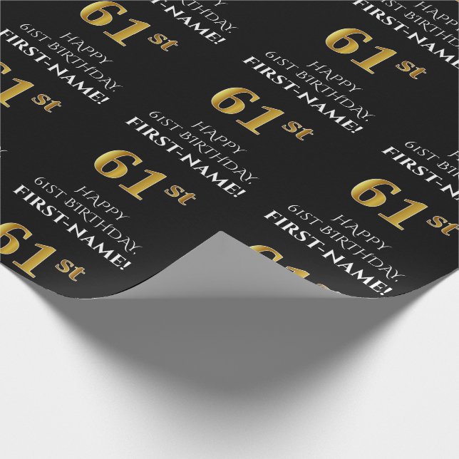 Papier Cadeau 61e anniversaire : Elégant, Noir, Faux Gold Look (Coin)