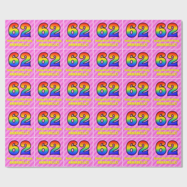Papier Cadeau 62e anniversaire : Pink Stripes & Hearts, Arc en c (Plat)