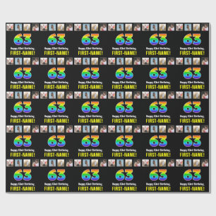 Papier Cadeau 63e anniversaire : Arc-en-ciel "63"; photos et nom
