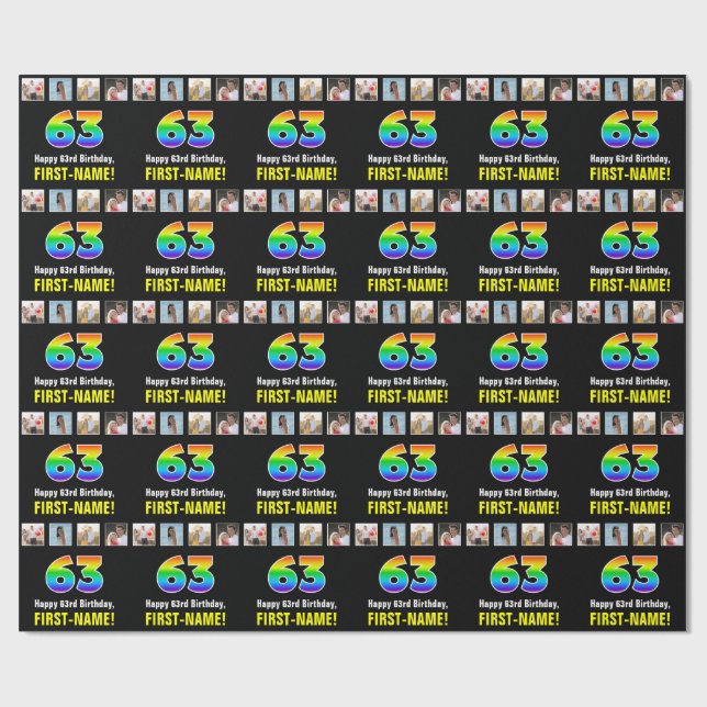 Papier Cadeau 63e anniversaire : Arc-en-ciel "63"; photos et nom (Plat)