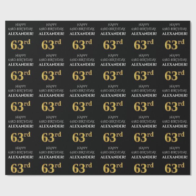 Papier Cadeau 63e anniversaire : Elégant, Noir, Faux Gold Look (Plat)
