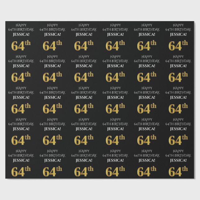 Papier Cadeau 64e anniversaire : Elégant, Noir, Faux Gold Look (Plat)