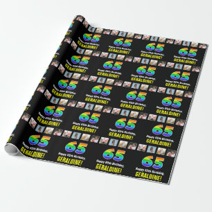 Papier Cadeau 65e anniversaire : Arc-en-ciel "65"; photos et nom