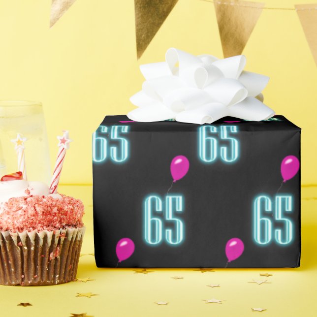 Papier Cadeau 65e anniversaire Neon avec ballon (Fête d'anniversaire)