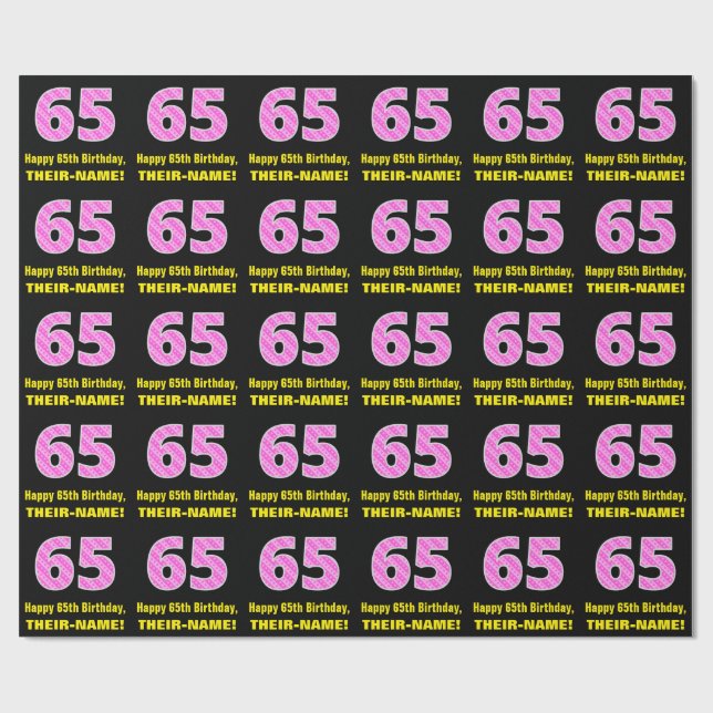 Papier Cadeau 65e anniversaire : Pink Stripes and Hearts "65" +  (Plat)