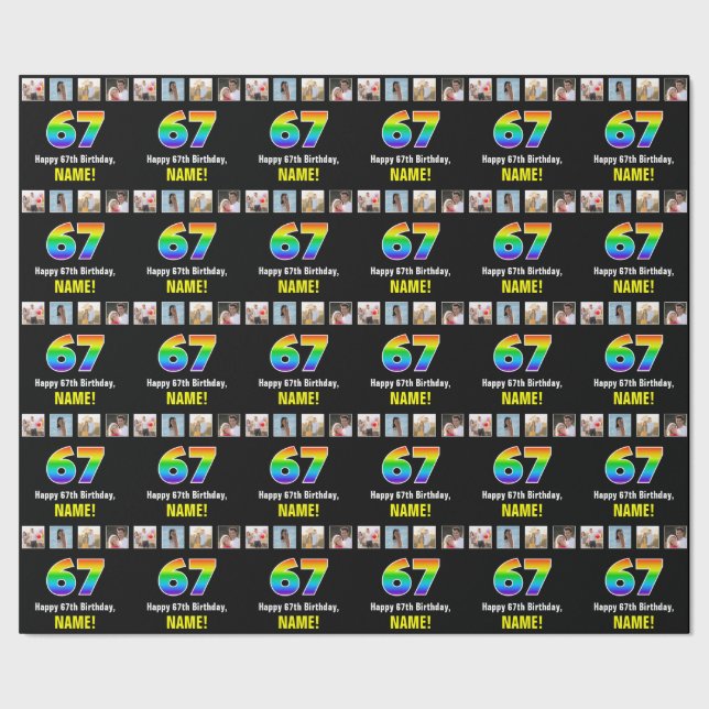 Papier Cadeau 67e anniversaire : Arc-en-ciel "67"; photos et nom (Couture)