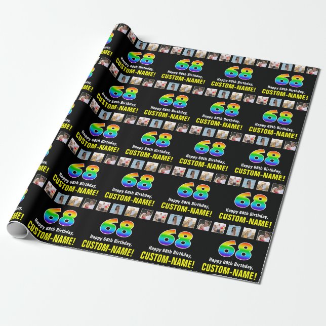Papier Cadeau 68e anniversaire : Arc-en-ciel "68"; photos et nom (Déroulé)