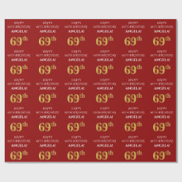 Papier Cadeau 69e anniversaire : Elégant, Rouge, Faux Gold Look