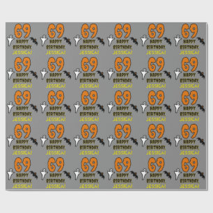 Papier Cadeau 69e anniversaire : Thème Halloween Éffrayant, Nom 