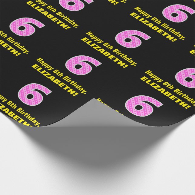 Papier Cadeau 6e anniversaire : Pink Stripes and Hearts "6" + No (Coin)