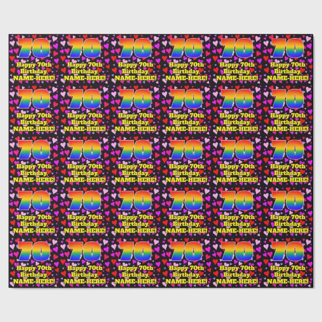 Papier Cadeau 70e anniversaire : Amour Hearts Motif, Arc en ciel (Couture)