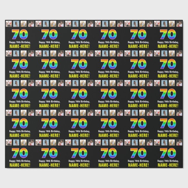 Papier Cadeau 70e anniversaire : Arc-en-ciel "70"; photos et nom (Couture)