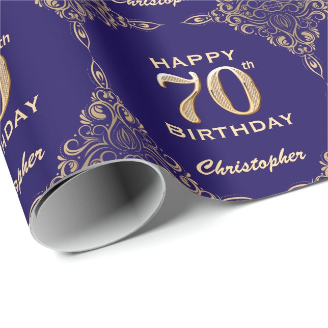 Papier Cadeau 70e anniversaire Marine Parties scintillant bleu e (Coin rond)