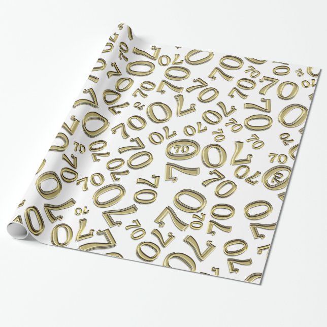 Papier Cadeau 70e anniversaire Numéro Motif Or et blanc (L) (Déroulé)