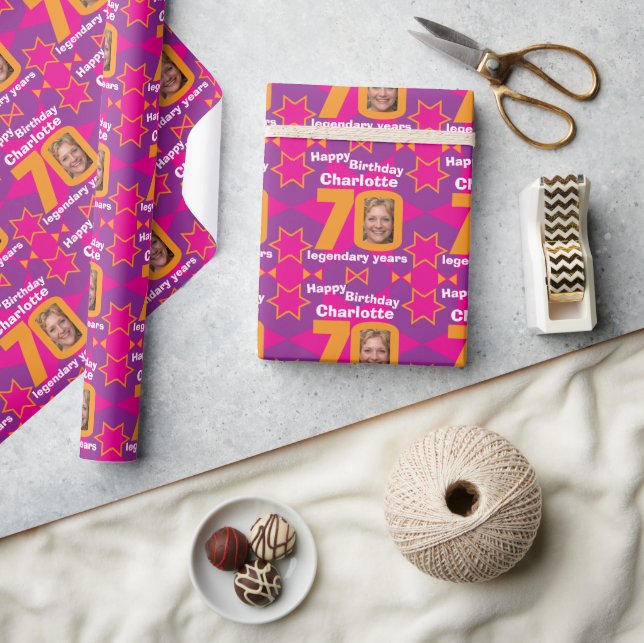 Papier Cadeau 70e anniversaire photo fun filles rose cadeau enve (Artisanat)