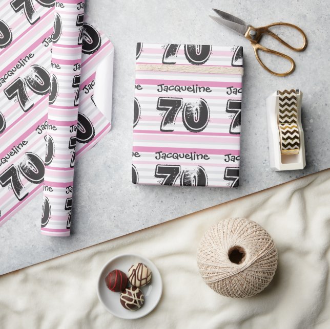 Papier Cadeau 70e anniversaire rose Personnaliser Nom Papier d'e (Artisanat)