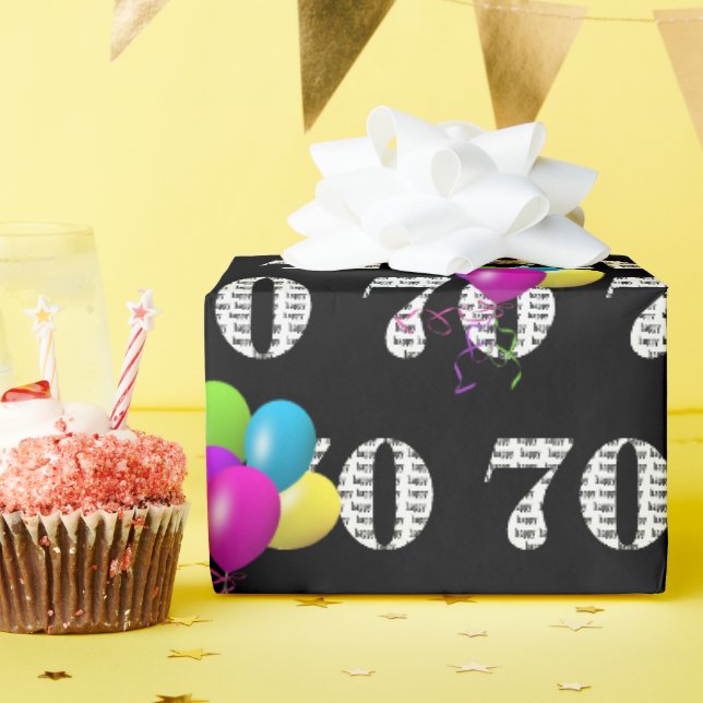 Papier Cadeau 70e Joyeux Ballons d'Anniversaire Sur Noir (Fête d'anniversaire)
