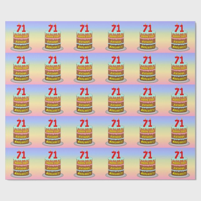 Papier Cadeau 71e anniversaire : Fun Cake and Candles + Nom pers (Plat)