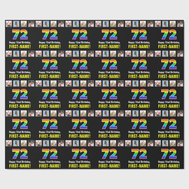 Papier Cadeau 72e anniversaire : Arc-en-ciel "72"; photos et nom (Couture)