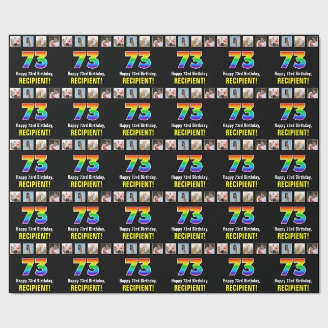 Papier Cadeau 73e anniversaire : Arc-en-ciel "73"; photos et nom (Couture)
