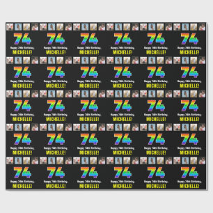 Papier Cadeau 74e anniversaire : Arc-en-ciel "74"; photos et nom