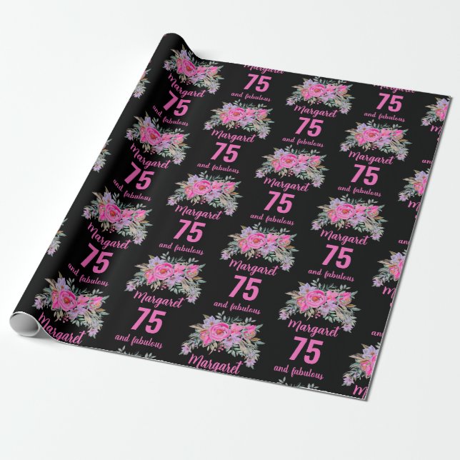 Papier Cadeau 75e anniversaire noir rose floral (Déroulé)