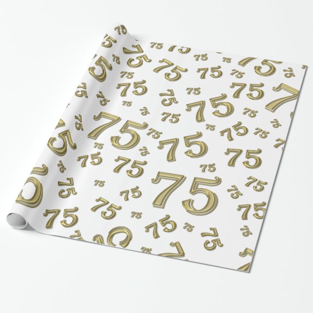 Papier Cadeau 75e anniversaire Numéro Motif 75 Or et blanc (Déroulé)
