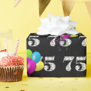 Papier Cadeau 75e Joyeux Ballons d'Anniversaire Sur Noir