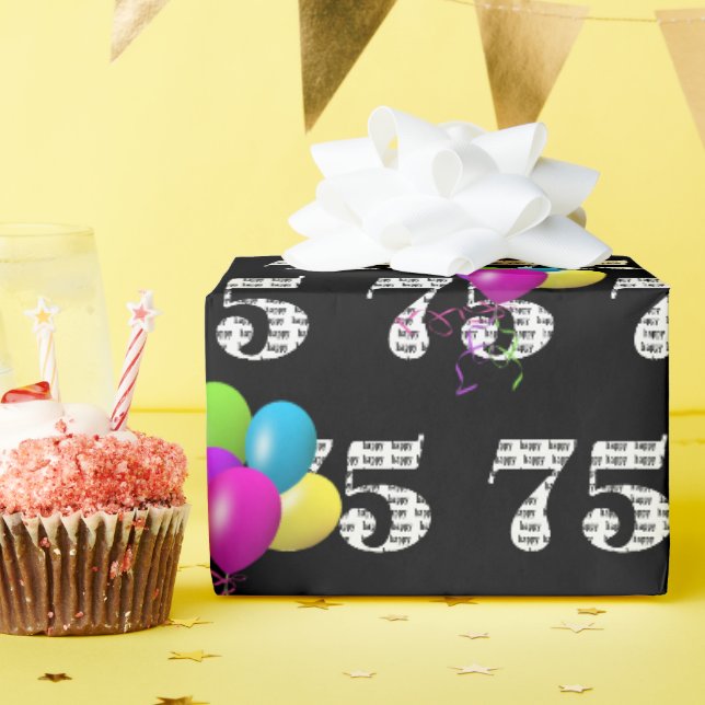 Papier Cadeau 75e Joyeux Ballons d'Anniversaire Sur Noir (Fête d'anniversaire)