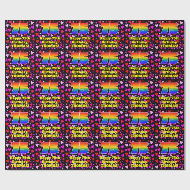 Papier Cadeau 75th Birthday: Loving Hearts Pattern, Rainbow # 75 (Plat)