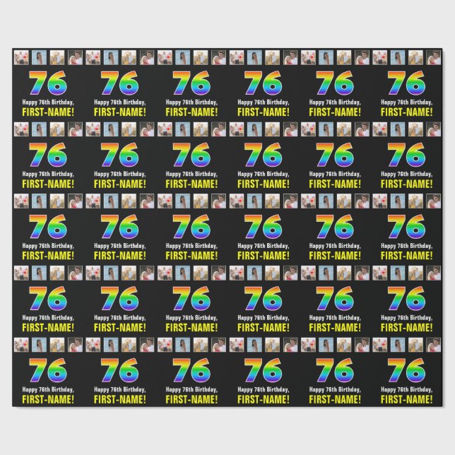 Papier Cadeau 76e anniversaire : Arc-en-ciel "76"; photos et nom (Couture)