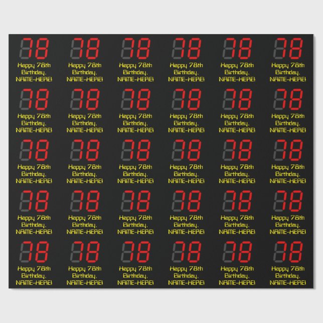 Papier Cadeau 78e anniversaire : Rouge Digital Clock Style "78"  (Plat)