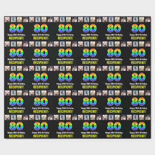 Papier Cadeau 80e anniversaire : Arc-en-ciel "80"; photos et nom
