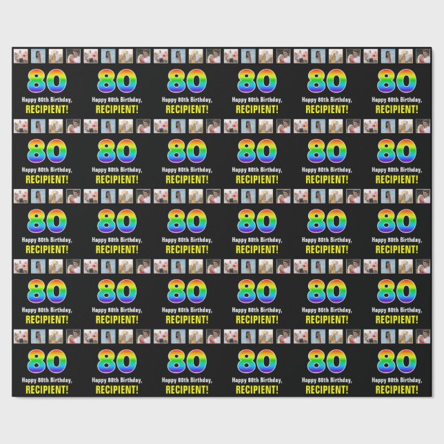 Papier Cadeau 80e anniversaire : Arc-en-ciel "80"; photos et nom (Couture)