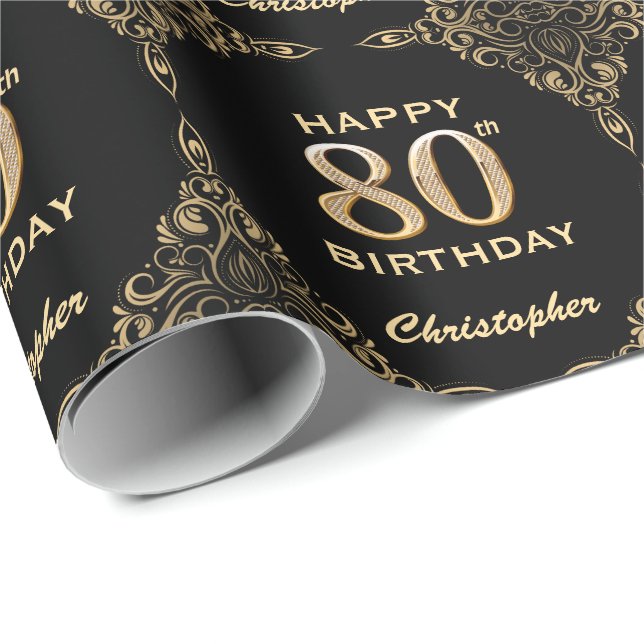 Papier Cadeau 80e anniversaire Black and Gold Parties scintillan (Coin rond)