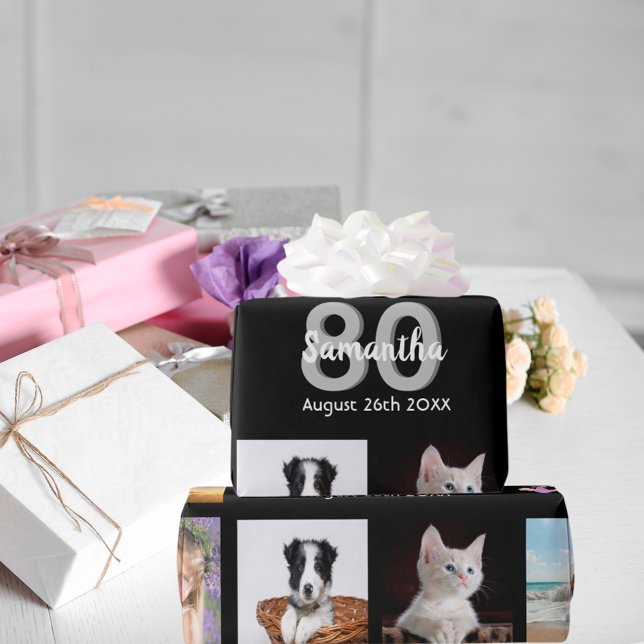 Papier Cadeau 80e anniversaire fête photo collage femme noir (Créateur téléchargé)