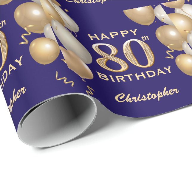 Papier Cadeau 80e anniversaire Marine Bleu et Parties scintillan (Coin rond)