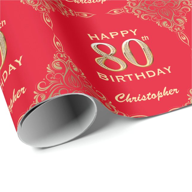 Papier Cadeau 80e anniversaire Parties scintillant rouge et or (Coin rond)